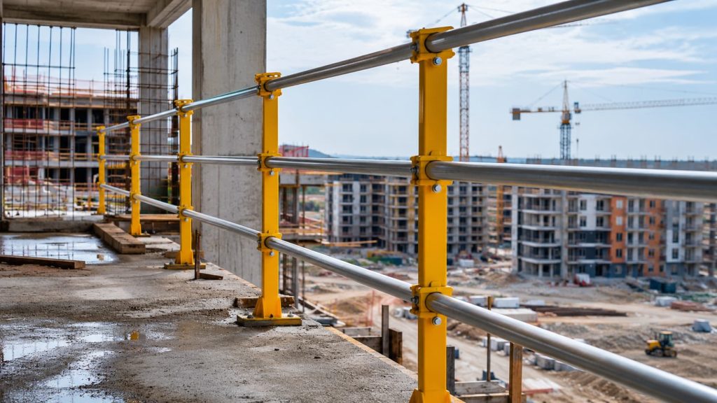 Yellow construction safety guardrails are installed on a concrete floor at a building site, with cranes and unfinished buildings in the background.