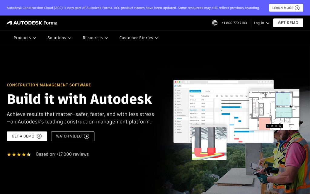 Autodesk Forma webpage with a software dashboard, a 3D building render, and text promoting construction management solutions, including advanced Digital Construction Scheduling Tools for seamless project management.