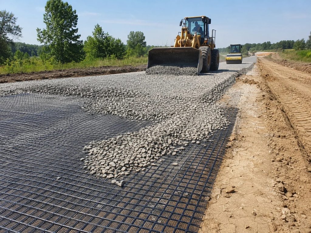 A bulldozer spreads gravel over geogrid material, enhancing road sub-base stability on a construction site where aggregate use is evident, with a roller compactor and trees visible in the background.