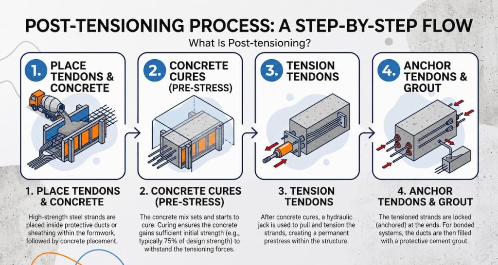 Diagram showing four steps of the post-tensioning process in concrete construction: placing tendons, concrete curing, tensioning tendons, and anchoring tendons with grout. This diagram highlights the difference between post-tensioning and pretensioning methods used to reinforce concrete structures.