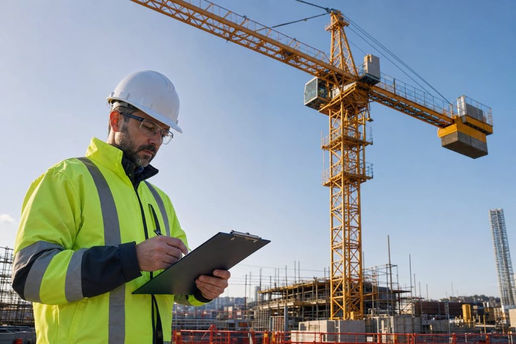 A construction worker in a hard hat and high-visibility jacket writes on a clipboard at a building site, carefully overseeing Maintenance Scheduling to ensure smooth operations, with a large yellow crane in the background.
