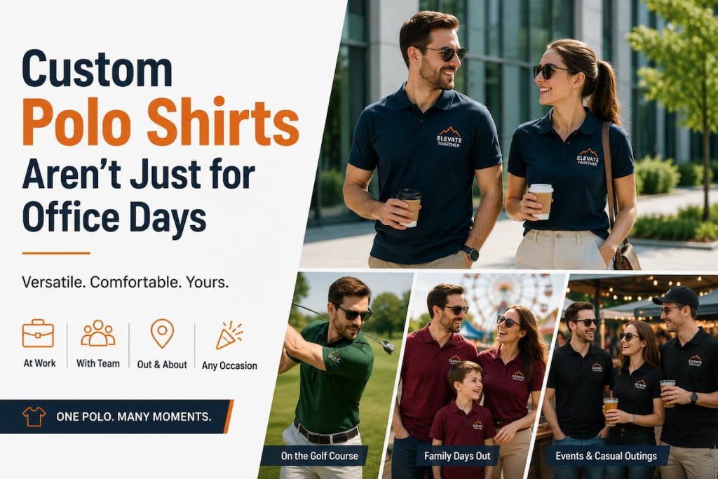 People wearing branded polo shirts and branded workwear in various situations, including at work, golfing, family gatherings, and casual events. Whether on construction sites—where health and safety matter—or relaxing with friends, the text highlights polo shirts as versatile and comfortable for any occasion.