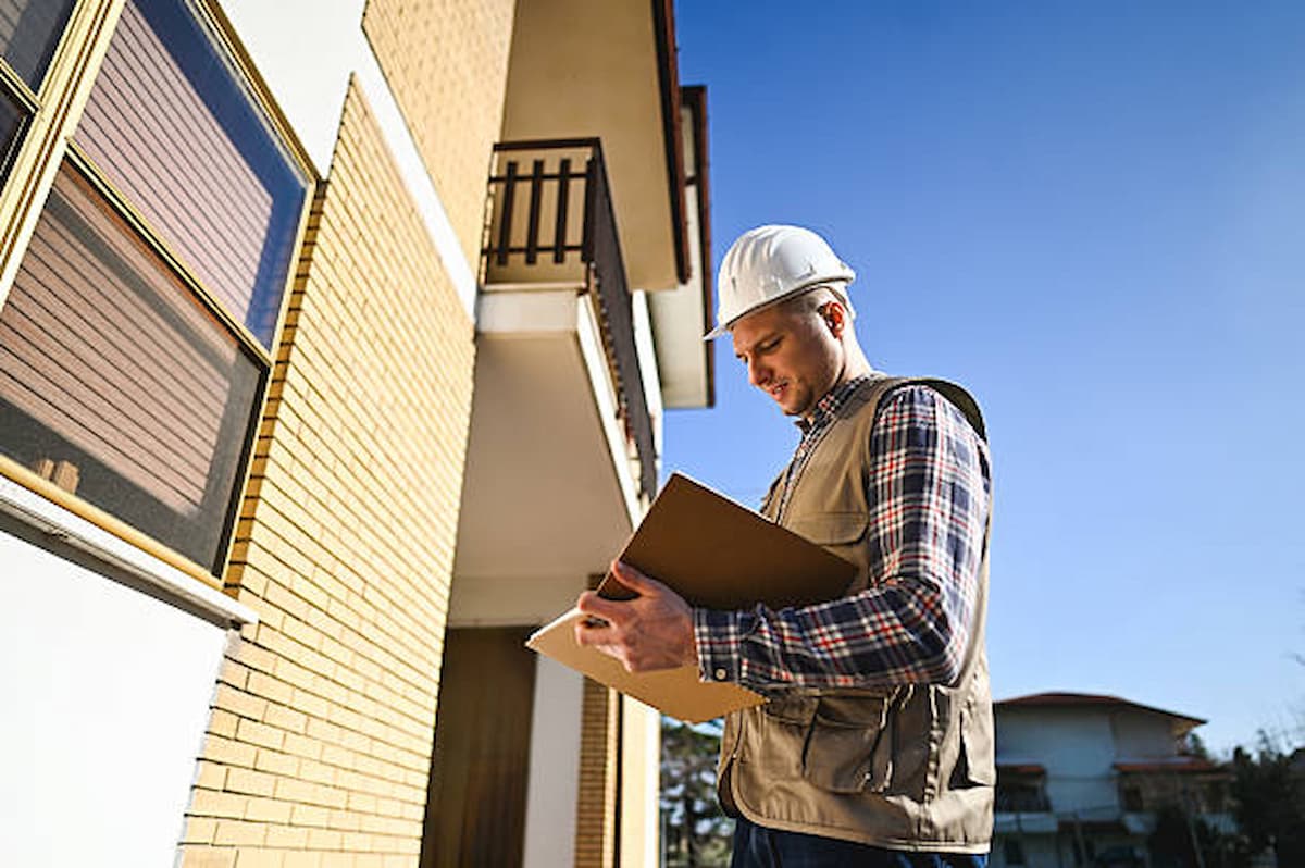 A construction worker wearing a hard hat and vest examines documents on a clipboard whilst standing outside a building on a sunny day, ensuring DDA compliance to help prevent lawsuits.