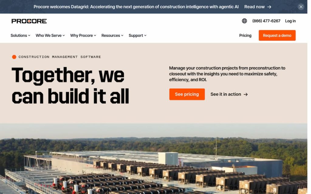 Screenshot of Procore’s homepage featuring a banner, navigation menu, headline “Together, we can build it all,” a call-to-action, and a large image of a construction site with HVAC units—highlighting powerful project management and digital construction scheduling tools.