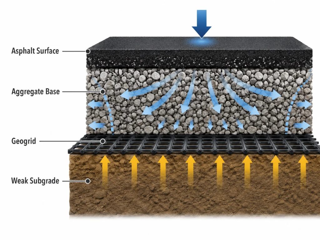 Diagram showing layers of a road: asphalt surface, aggregate base, geogrid, and weak subgrade, with arrows illustrating force distribution and support through the layers.