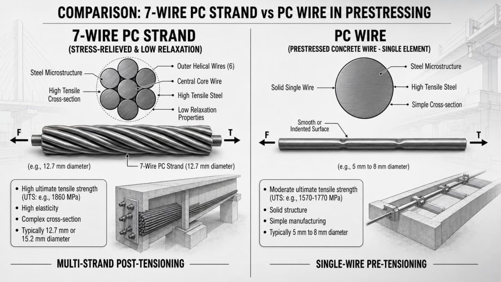 Infographic compares 7-wire PC strand for multi-strand post-tensioning with PC wire for single-wire pre-tensioning, highlighting the difference in structures, applications, and main properties side by side.
