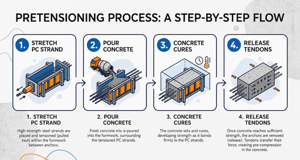 Diagram explaining the four-step pretensioning process: stretching PC strand, pouring concrete, concrete curing, and releasing tendons to transfer force. This visual highlights the key steps involved in pretensioning and illustrates the difference between pretensioning and post-tensioning methods.