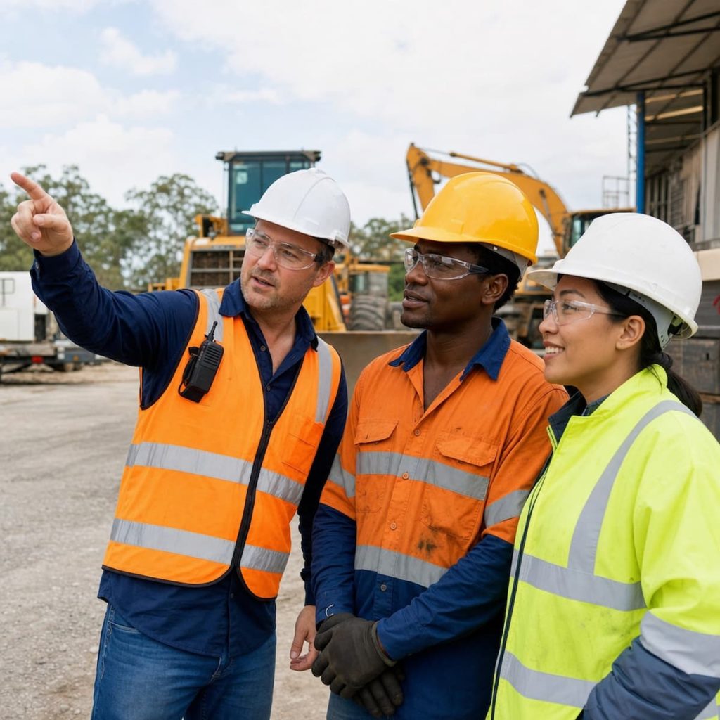 Three construction workers in safety gear stand outdoors at a worksite, with one person pointing while the others listen attentively. Mining equipment is visible in the background, reflecting a keen focus on UK construction compliance and effective site downtime planning.