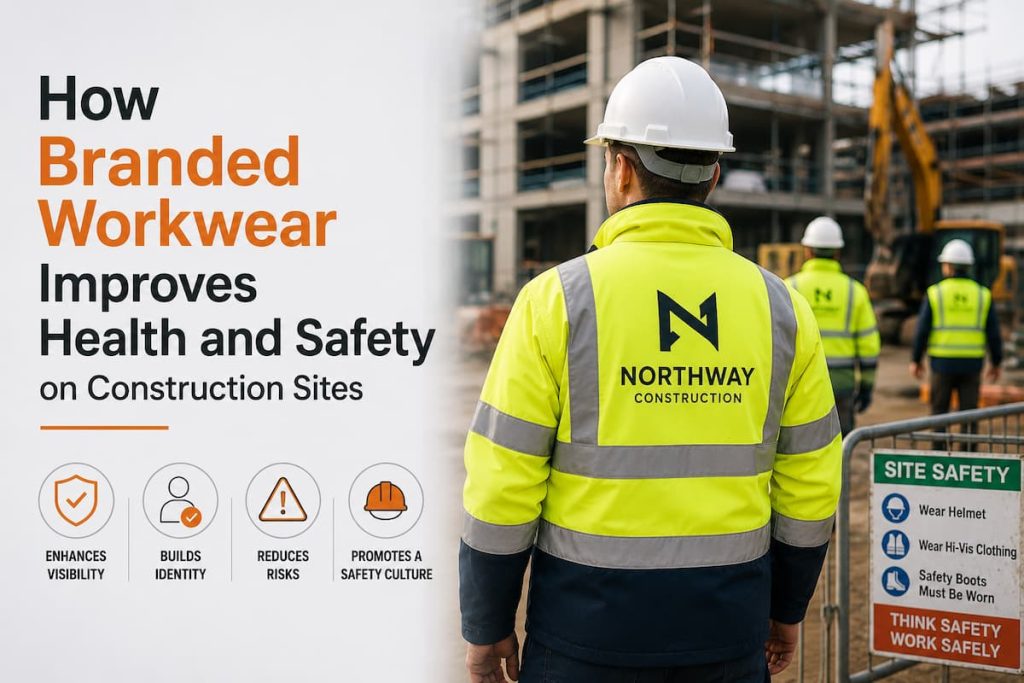 Construction worker in branded high-visibility jacket stands on site near safety signage; infographic text explains benefits of branded workwear for health and safety on construction sites.