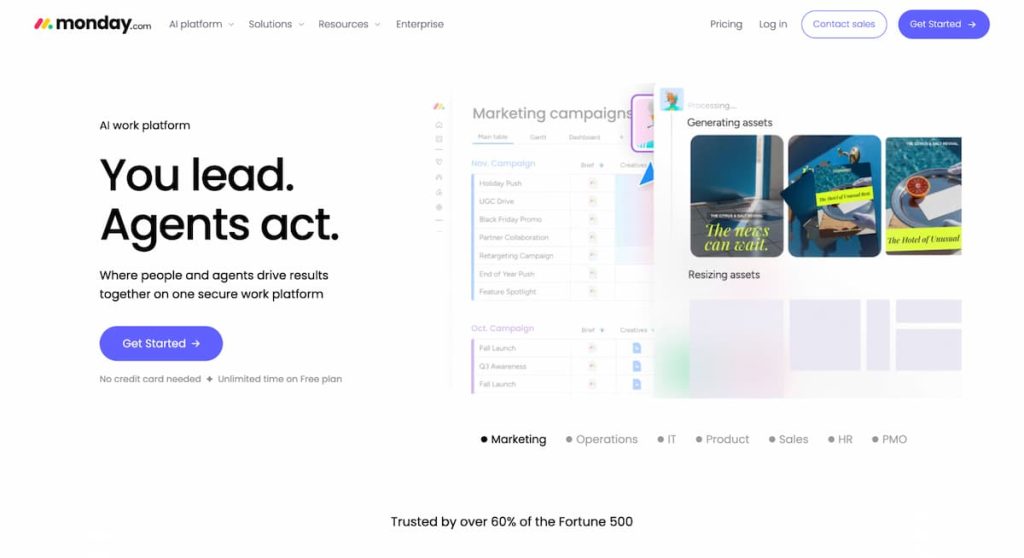 Screenshot of monday.com webpage highlighting its AI work platform, featuring a “Get Started” button and visuals of marketing campaign tools, AI-powered asset generation, and robust project tracking capabilities ideal for construction scheduling.