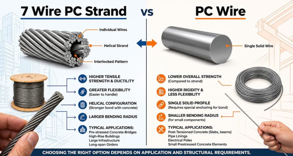 Comparison chart of 7 wire PC strand and single solid PC wire, showing their structure, properties, and typical applications in construction. The chart highlights the key differences between the two, including their suitability for pre-tensioning and post-tensioning methods.