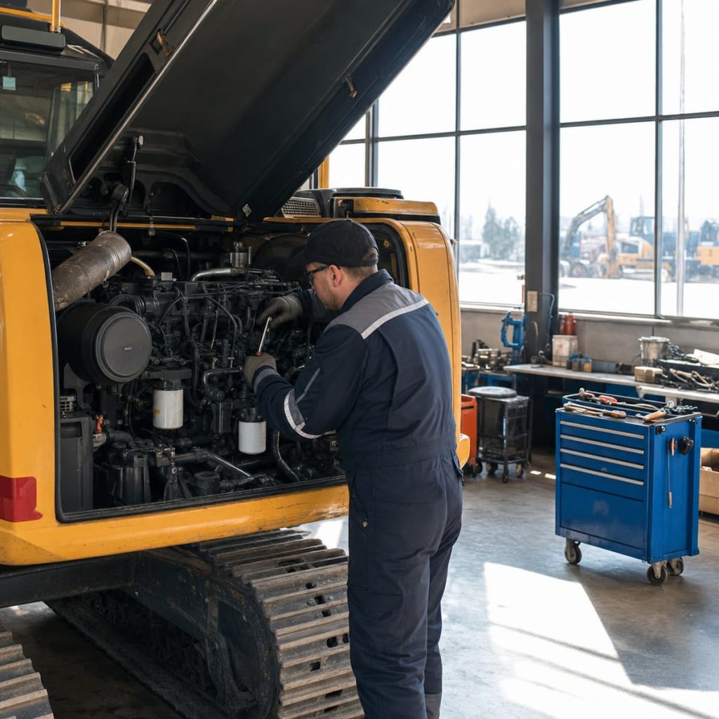 A mechanic in overalls inspects the engine of a yellow excavator inside a workshop, exemplifying the importance of maintenance scheduling for reducing site downtime; a blue tool chest and various equipment are visible in the background, ensuring adherence to UK Construction Compliance standards.