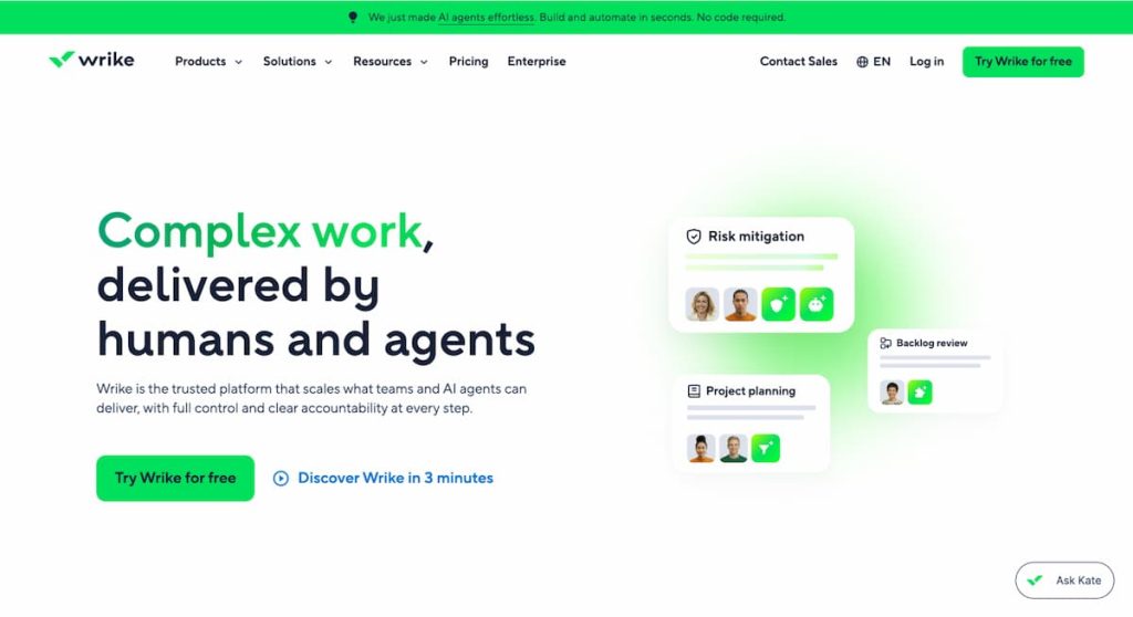 Wrike website homepage displaying tagline “Complex work, delivered by humans and agents,” featuring a navigation menu and illustrated project management features tailored for Construction Project Management, including advanced Project Scheduling and Digital Construction Scheduling Tools.