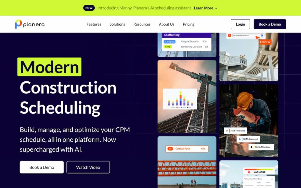 Screenshot of Planera’s homepage showcasing features for AI-powered construction scheduling, with images of construction sites, charts, and intuitive buttons for booking a demo or watching a video. Discover how Planera integrates advanced Digital Construction Scheduling Tools to streamline construction scheduling and project management for modern teams.