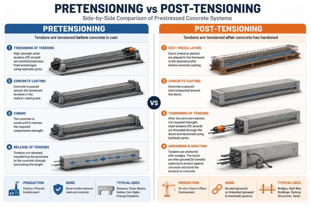 Side-by-side infographic highlights the difference between pre-tensioning and post-tensioning concrete systems, clearly showing steps, equipment, and typical uses for each method.