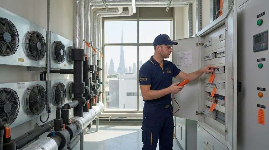 A technician in uniform uses a tool to inspect an electrical control panel in a plant room with large cooling fans and pipes, ensuring optimal building performance through thorough MEP servicing.