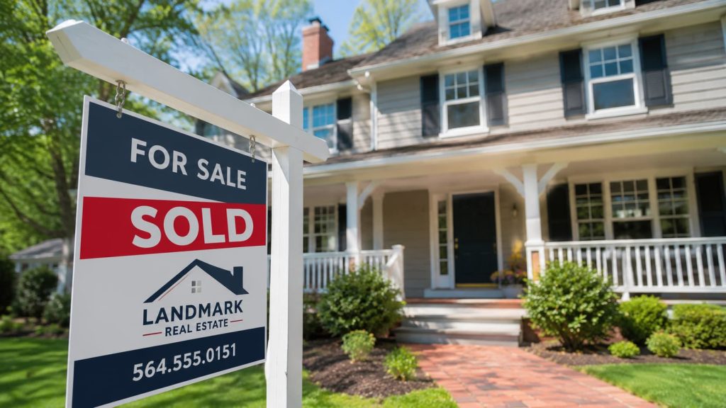 A "sold" estate agent's sign stands in front of a two-storey suburban house with a porch and well-kept garden, reflecting the growing popularity of direct cash property sales in today's market.