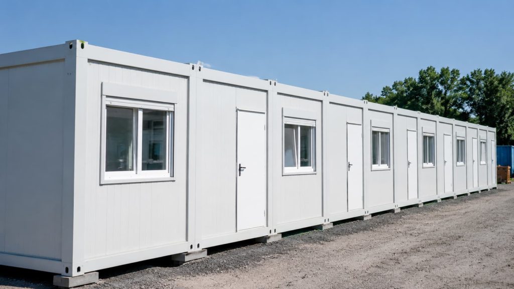 Row of white portable modular buildings with windows and doors, set on a gravel surface outdoors under a clear blue sky—these temporary buildings offer flexible solutions that align seamlessly with your procurement strategy.