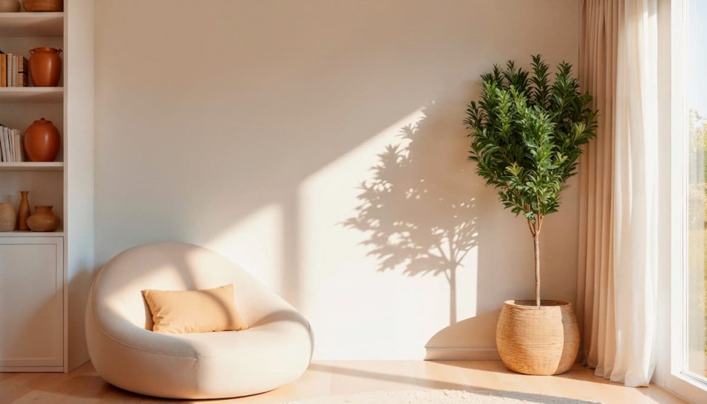 A round beige chair with a tan cushion sits near a potted plant by a sunlit window, creating an inviting atmosphere that homeowners will love. Shelves with vases are on the left, and light streams in, casting shadows on the wall to highlight the thoughtful building features that enhance modern living spaces.
