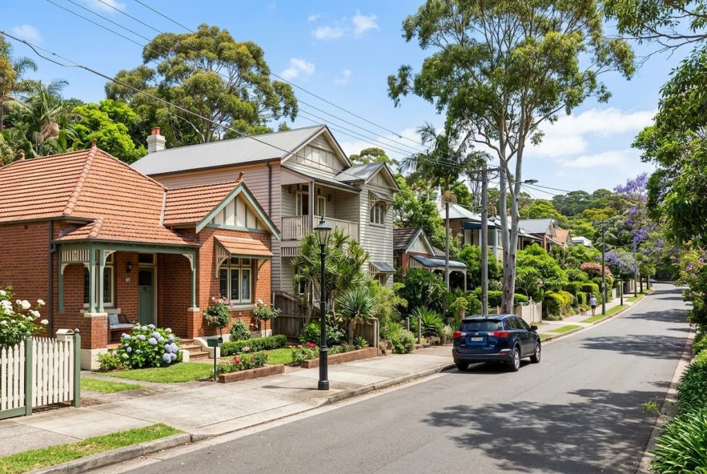Tree-lined suburban street with a parked car and rows of well-kept houses—some newly built after thoughtful knock down rebuild decisions—each with gardens and verandahs, under a blue sky.