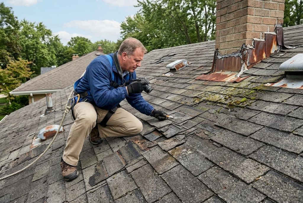 A man wearing safety gear inspects and repairs damaged tiles on a residential roof with tools, following best practices to address roof defects, surrounded by trees and a chimney.