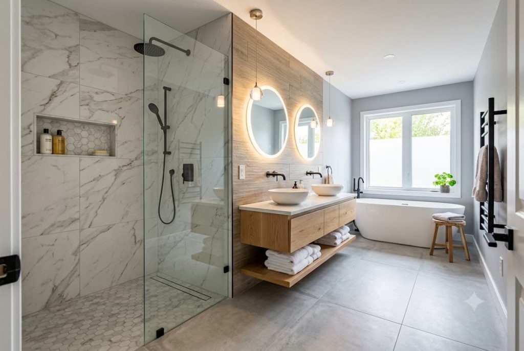 Modern bathroom with a glass shower, double vanity with round mirrors, freestanding bath, large window, and light wood and marble finishes—perfect inspiration for sustainable bathroom renovation and thoughtful bathroom renovation planning.