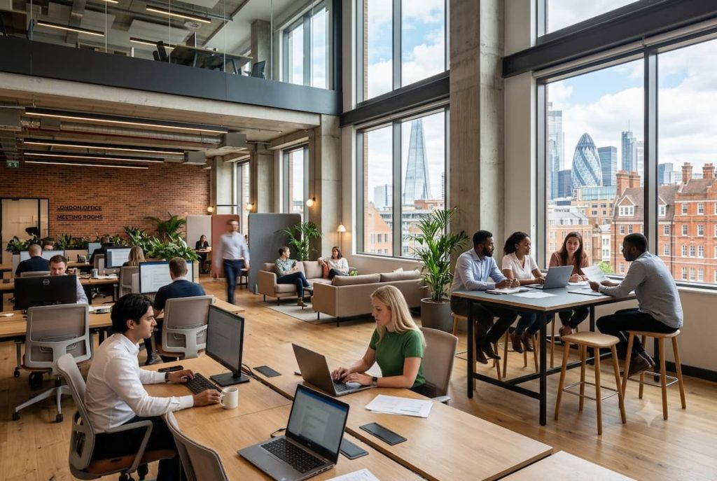 Modern open-plan office with people working at desks and collaborating in groups, large windows show a city skyline with tall buildings in the background—an inspiring contrast to any old office, this space has earned recognition as one of Britain’s best new offices.