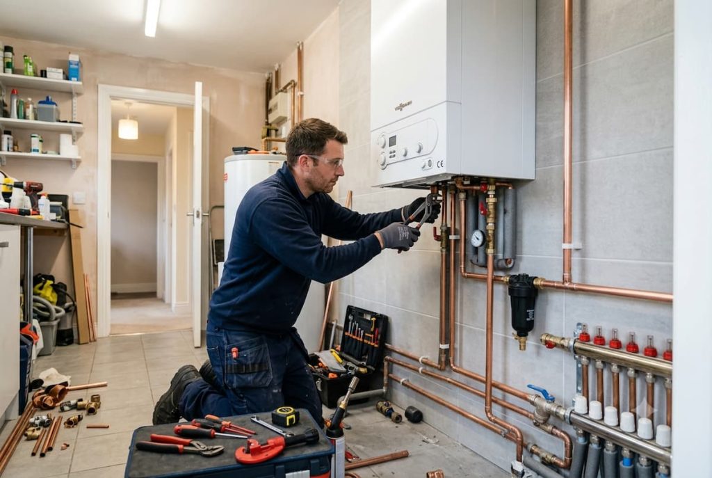 A plumber kneels whilst performing a boiler installation or repairing pipes connected to a wall-mounted boiler in a utility room, with various tools and equipment nearby.