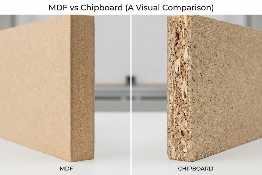 Side-by-side comparison of MDF and chipboard; both are popular sheet materials, but MDF has a smooth, uniform surface, whilst chipboard shows a rough, textured, and layered composition.