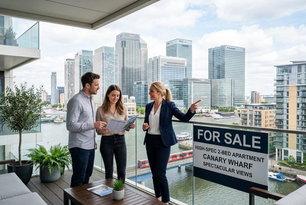 Three people stand on a balcony with a “For Sale” sign for a Canary Wharf flat. The agent, demonstrating local market knowledge, gestures towards city buildings across the river while the couple reviews documents.