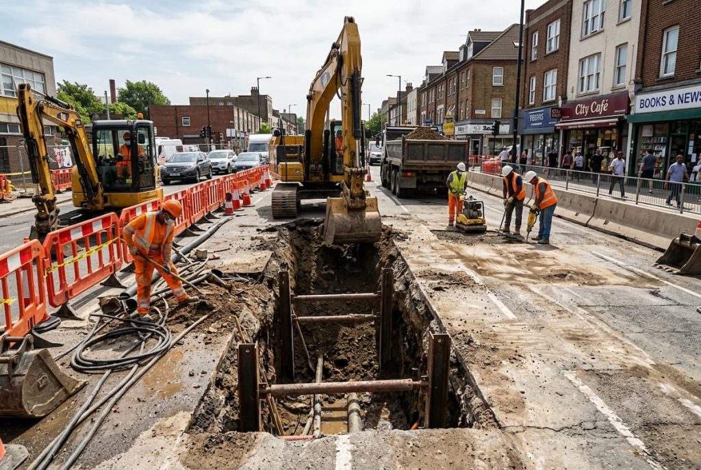 Construction workers and machinery excavate a large trench in the middle of a city street, with traffic and shops visible in the background, as teams ensure SROH compliance is met for both interim vs perm utility reinstatement.