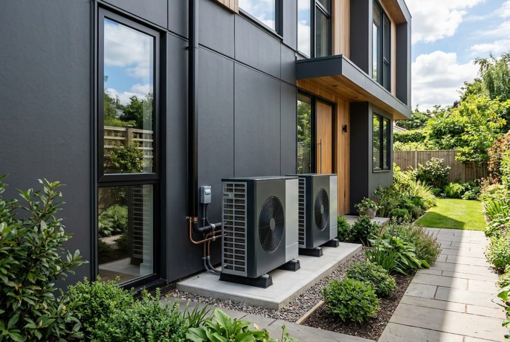 Two outdoor air conditioning units are installed on a concrete slab beside a modern house, surrounded by green plants and a garden path—a setup that can help maximise heat pump efficiency while allowing builders to address potential building envelope problems effectively.
