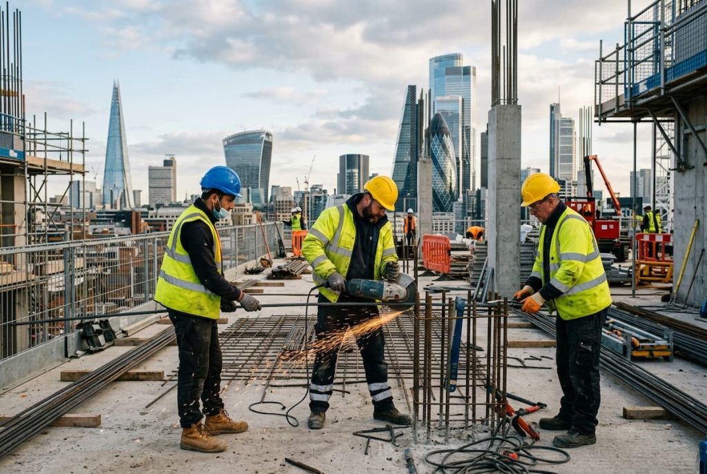 Three London construction workers in safety gear use tools and handle metal rods on a building site, with a city skyline in the background.