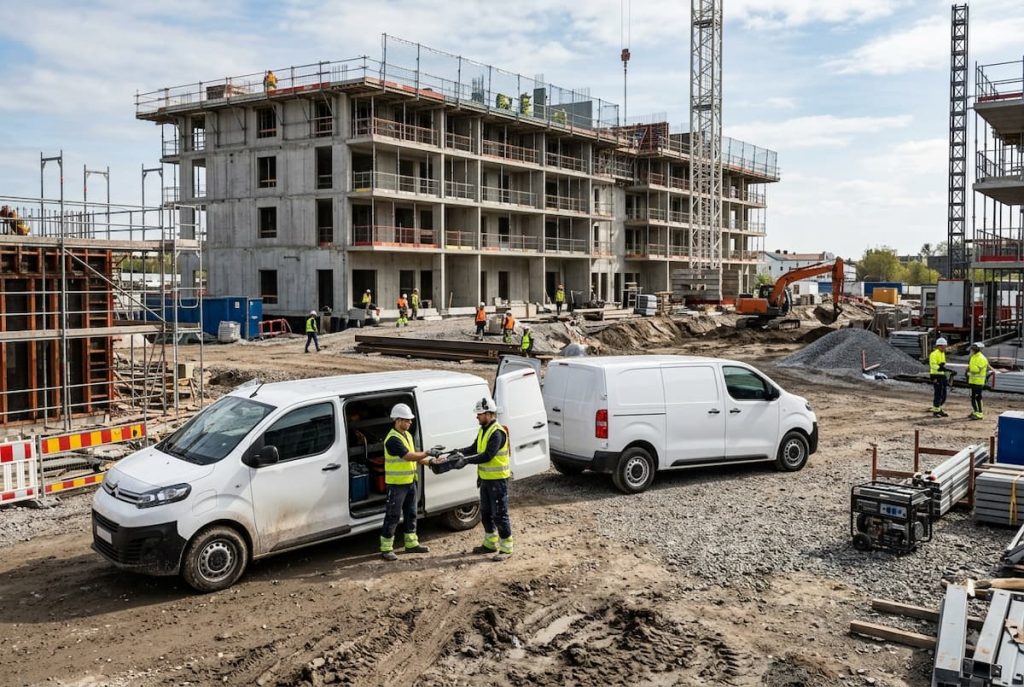 Construction site with workers in safety gear, two electric vans with robust tyres parked in the foreground, and a multi-storey building under construction in the background—highlighting a step towards fleet electrification on site.