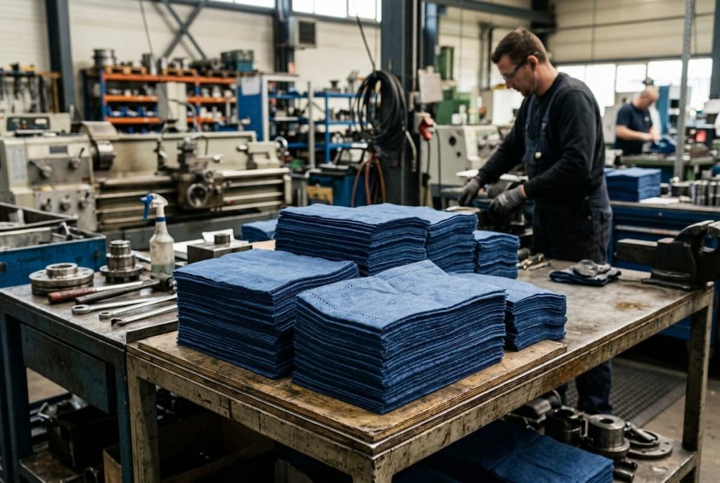 Stacks of blue cloths, ideal as industrial wipes, are neatly arranged on a table in an industrial workshop, with workers operating machinery and tools in the background.