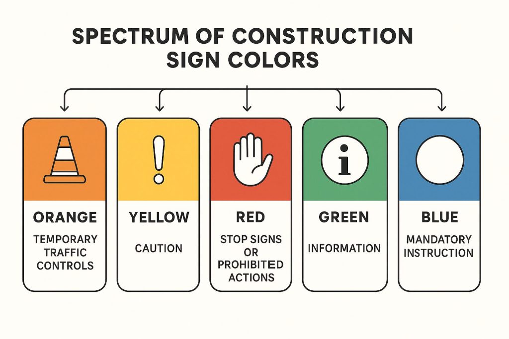 Educational infographic depicting construction sign colors: orange for temporary controls, yellow for caution, red for stop, green for information, and blue for mandatory actions, using clear vector icons and modern layout for safety training.