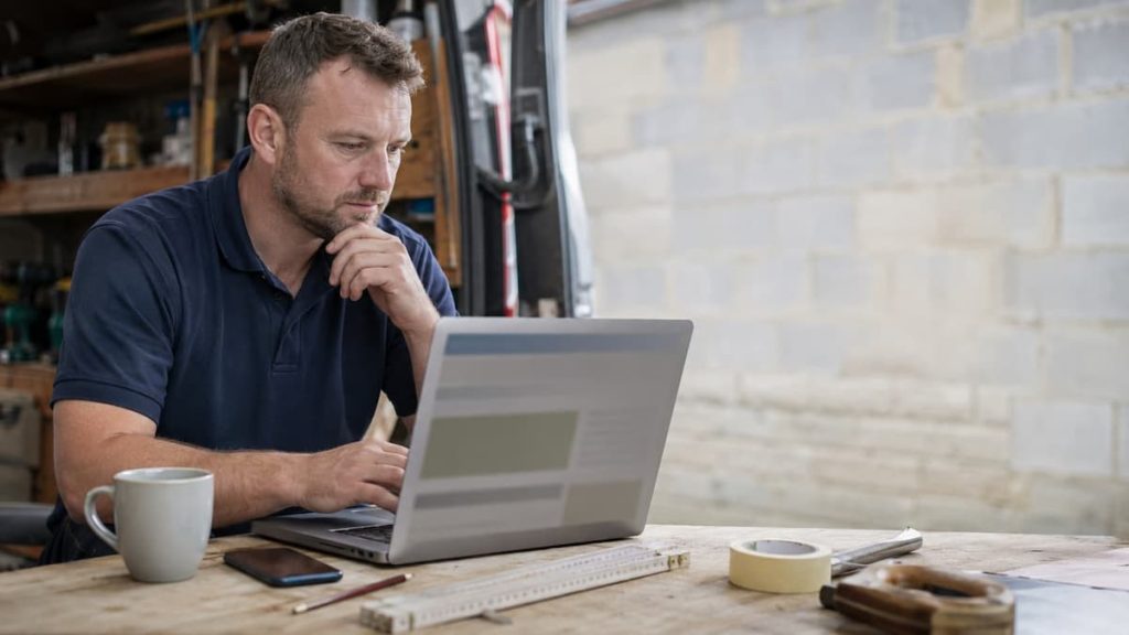 Man in a blue shirt working on a laptop at a wooden table in a workshop, researching website mistakes that often affect UK tradespeople, with a coffee mug, ruler, tape, and various tools nearby as he manages his enquiries.