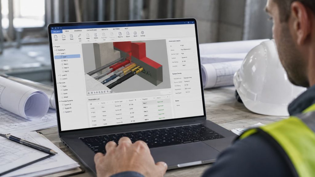A person using a laptop displays advanced 3D building modelling and firestopping software with pipework shown on the screen; construction plans, a hard hat, and the latest UK guide for 2026 are on the table.