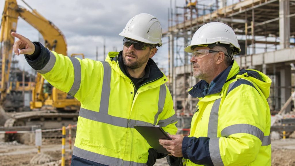 Two construction workers in hi-vis jackets and hard hats discuss plans at a building site; one points whilst the other holds a tablet.