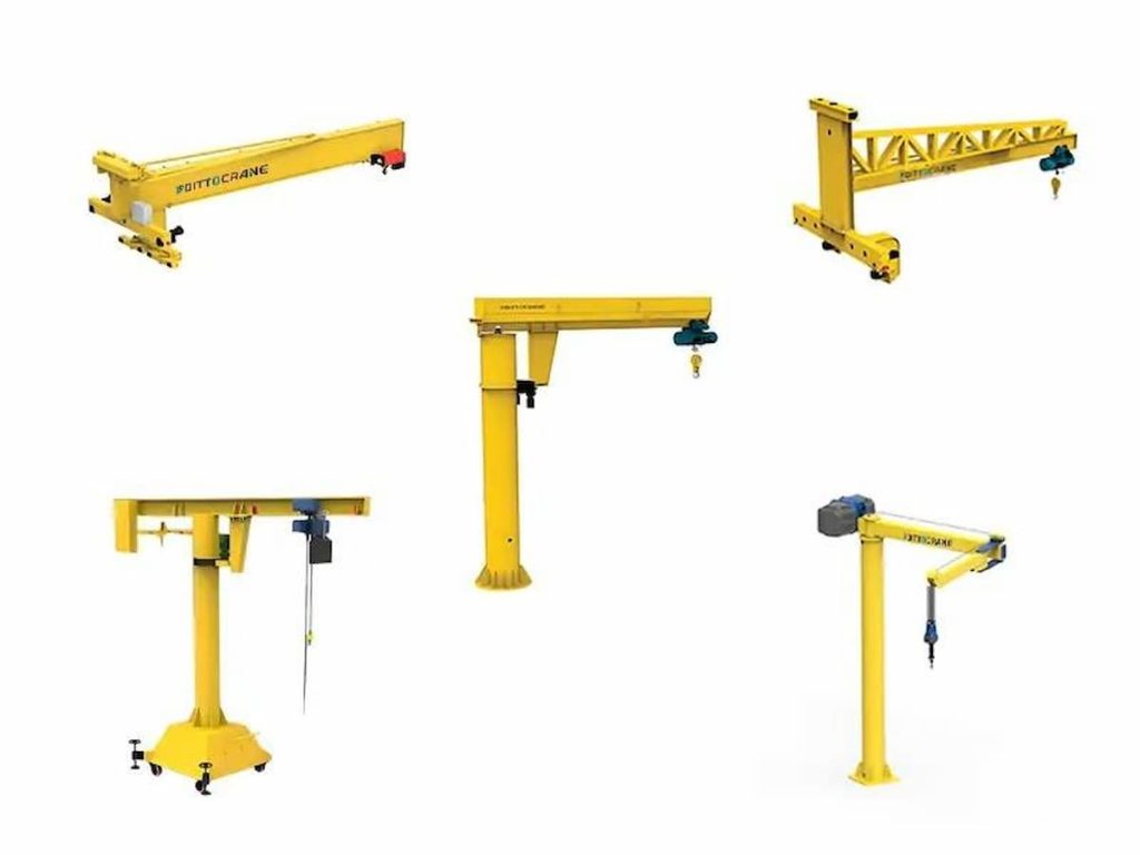 Five different types of yellow industrial jib cranes are displayed on a white background, each with unique designs and structural features that showcase the versatility of modern crane systems widely used in the UK.