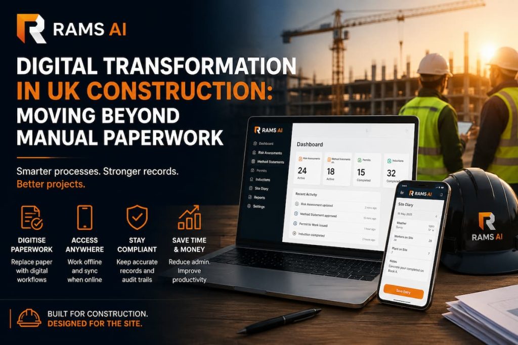 Laptop and smartphone displaying RAMS AI construction software sit on a table with a RAMS AI hard hat; at a busy UK construction site, workers wearing safety gear are visible in the background, highlighting the digital transformation of manual paperwork.