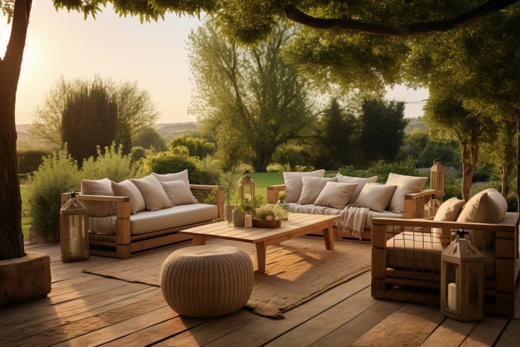 Wooden patio with cushioned sofas, a low table, a pouffe, and lanterns, featuring stylish garden furniture and set under trees overlooking a green garden at sunset.