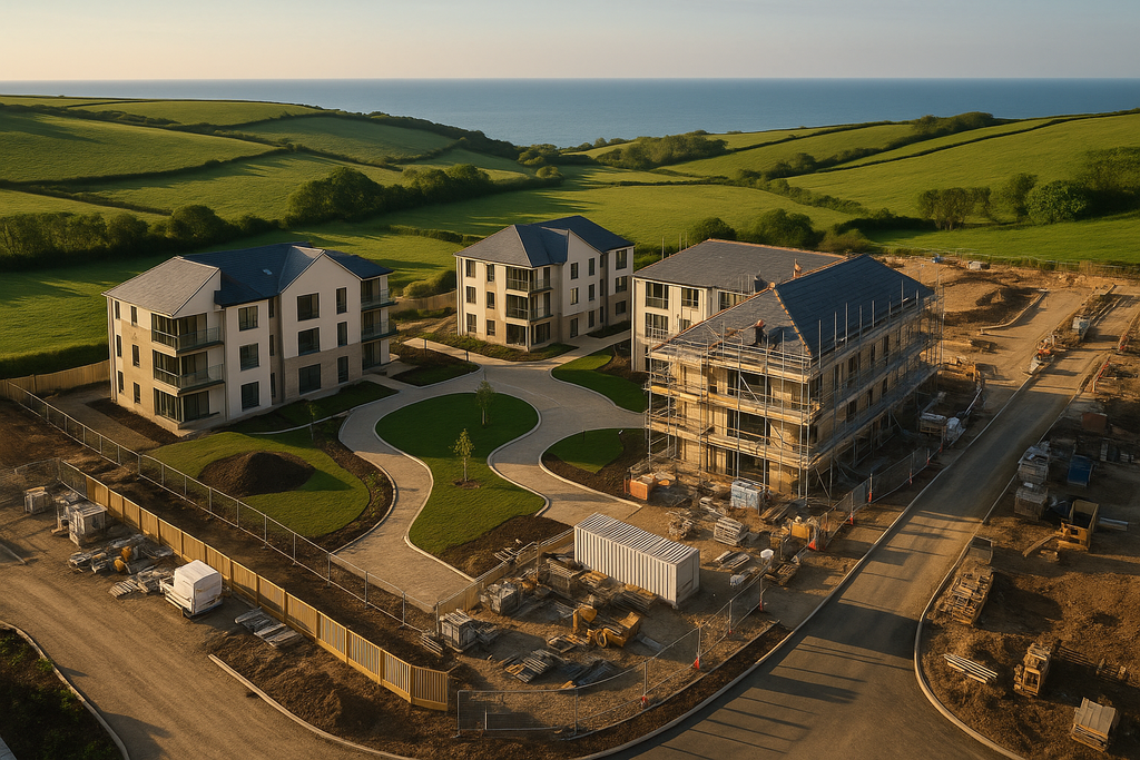 Aerial view of modern flat buildings under construction in Dorset, surrounded by green fields and overlooking the sea, with construction equipment and materials on site—an ideal setting to showcase the advantages of Construction Drone Photography as highlighted in any practical guide.