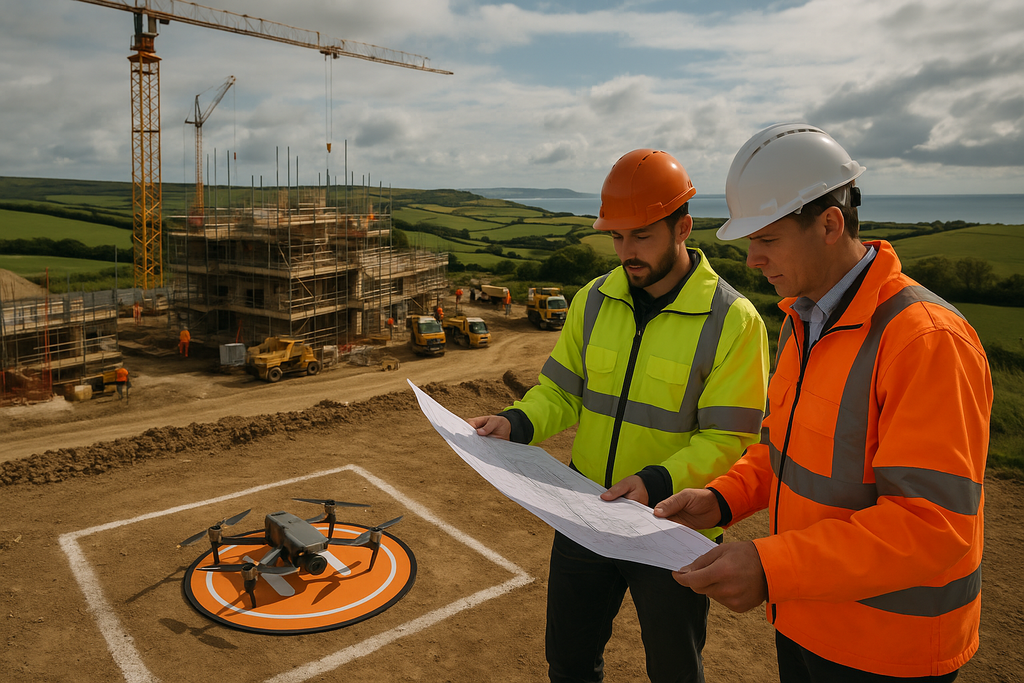 Two construction workers in safety gear review blueprints at a building site in Dorset, with a drone on a landing pad and vehicles in the background; a crane and fields are visible under a partly cloudy sky—a practical guide to Construction Drone Photography in action.