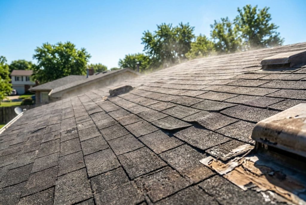 Asphalt roof shingles show signs of wear and curling, with patches and vents visible under sunlight and mist, surrounded by green trees and neighbouring houses—making this an ideal time for autumn roof maintenance or a thorough roof inspection to address potential hot weather roof damage.