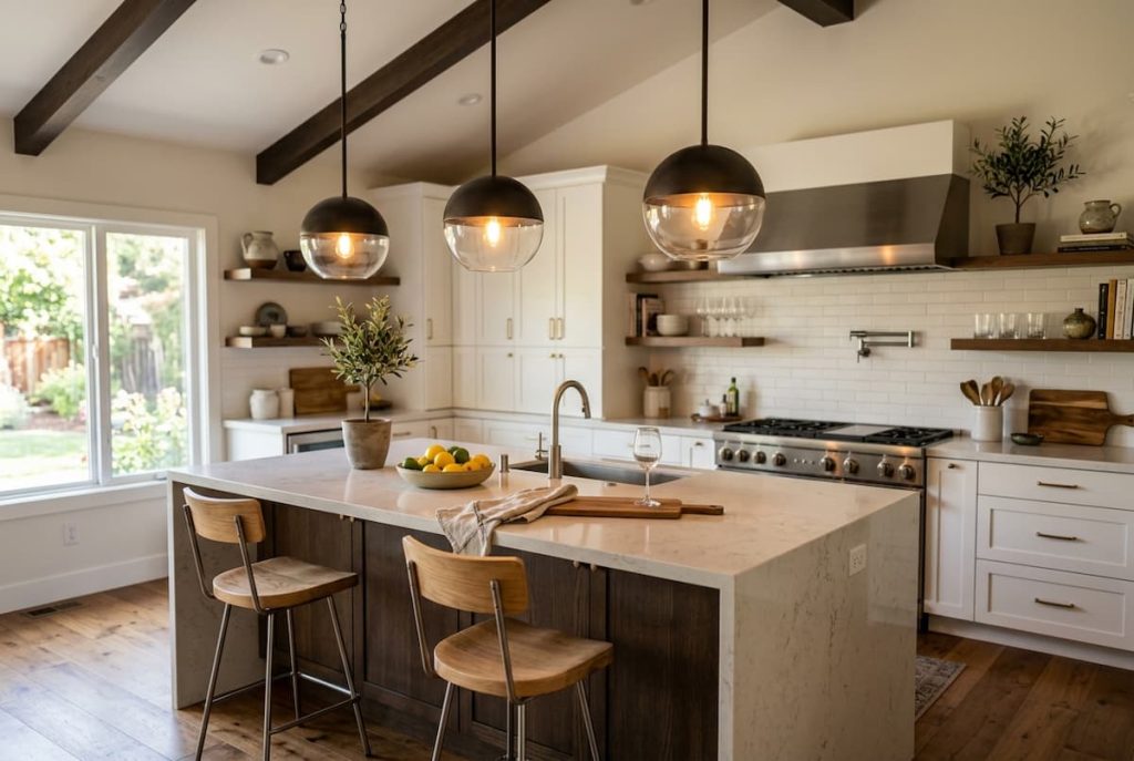 Modern kitchen with white cupboards, a marble island with two wooden stools, pendant lights, and stainless steel appliances. A window lets in natural light and a plant decorates the worktop.