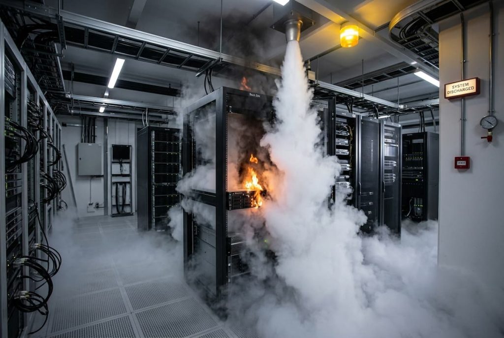 A fire suppression system activates as flames and smoke emerge from a burning server rack in a data centre, utilising Clean Agent Systems that comply with strict installation regulations.