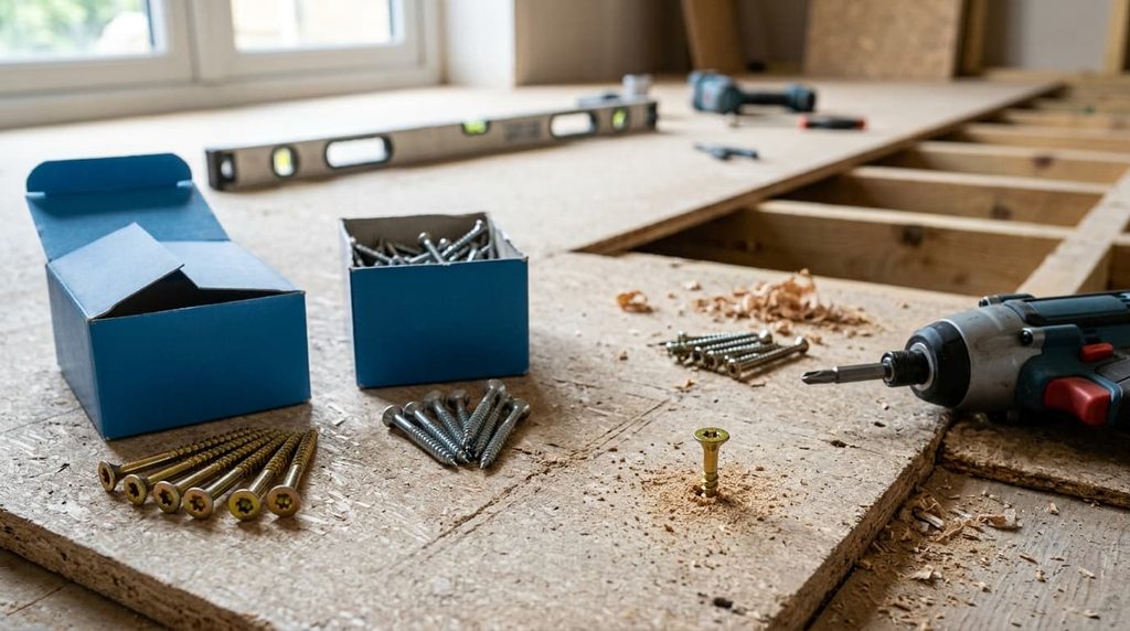 A power drill, flooring screws, and a spirit level resting on chipboard flooring during a renovation project.