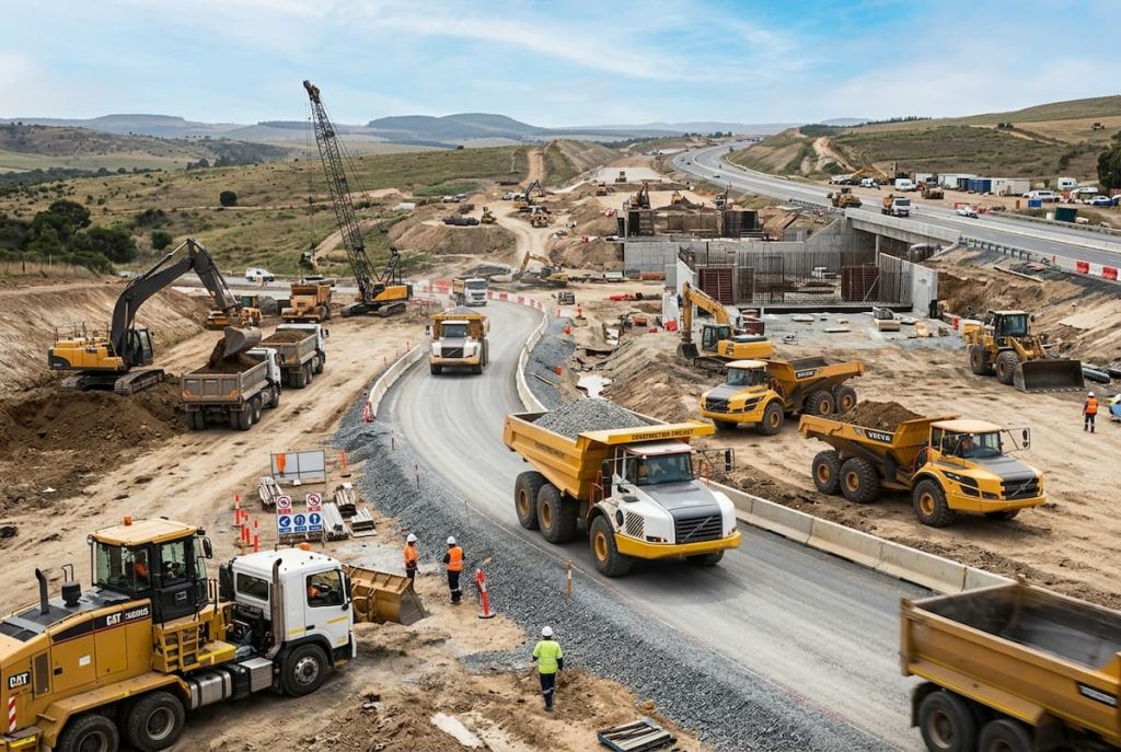 Construction site with multiple diggers, tipper lorries, and workers building a motorway through a rural landscape under a blue sky—a testament to successful construction projects supported by reliable haulage.