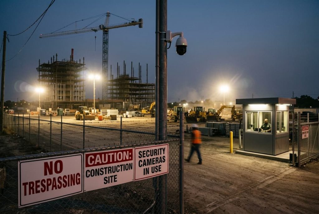 Construction Site Security is evident at this bustling building site at night, featuring cranes, heavy machinery, a security cabin, and warning signs on the fence. Bright lights illuminate the area as part of best practices for Modern Building Projects. A vigilant security guard is visible in the cabin.